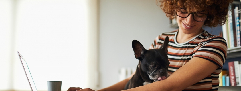 Smiling women with her laptop looking at a black dog sitting on her lap.